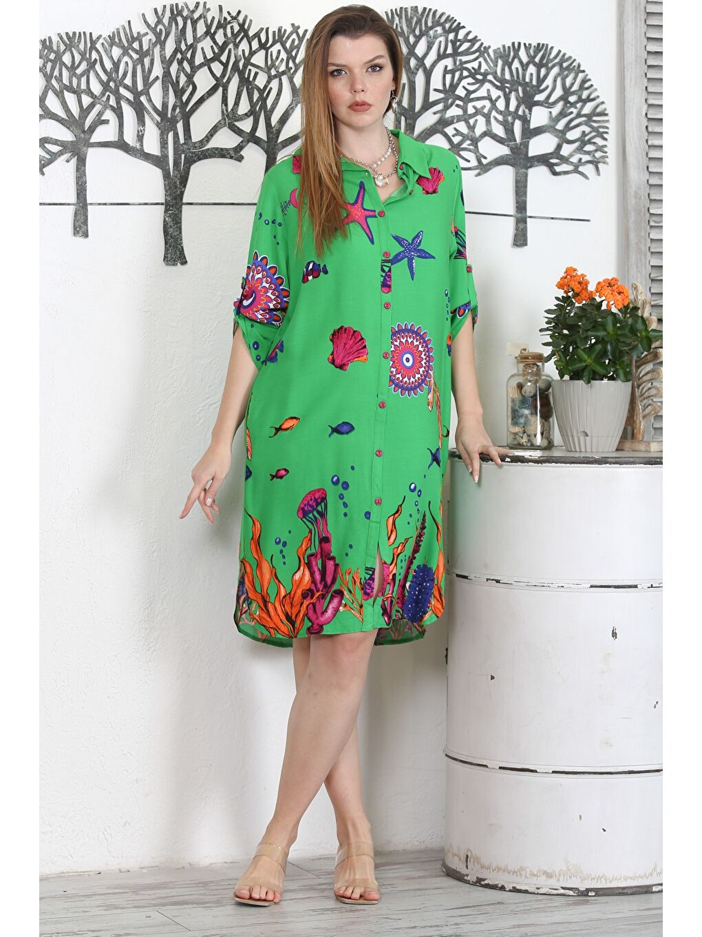 Yeşil Gömlek Yaka Düğmeli Uzun Kollu Düğmeli Gizli Cepli Empirme Baskılı Casual Dokuma Elbise-7