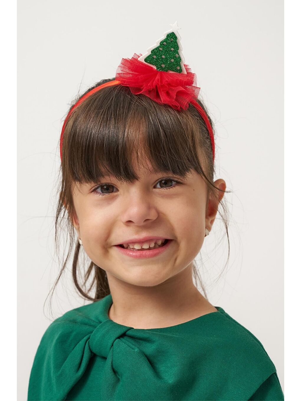 Kız Çocuk Pamuklu Yeşil Fiyonklu Uzun Kollu Kırmızı Ağaç Desenli Tüllü Elbise - Yılbaşı Konseptli-6