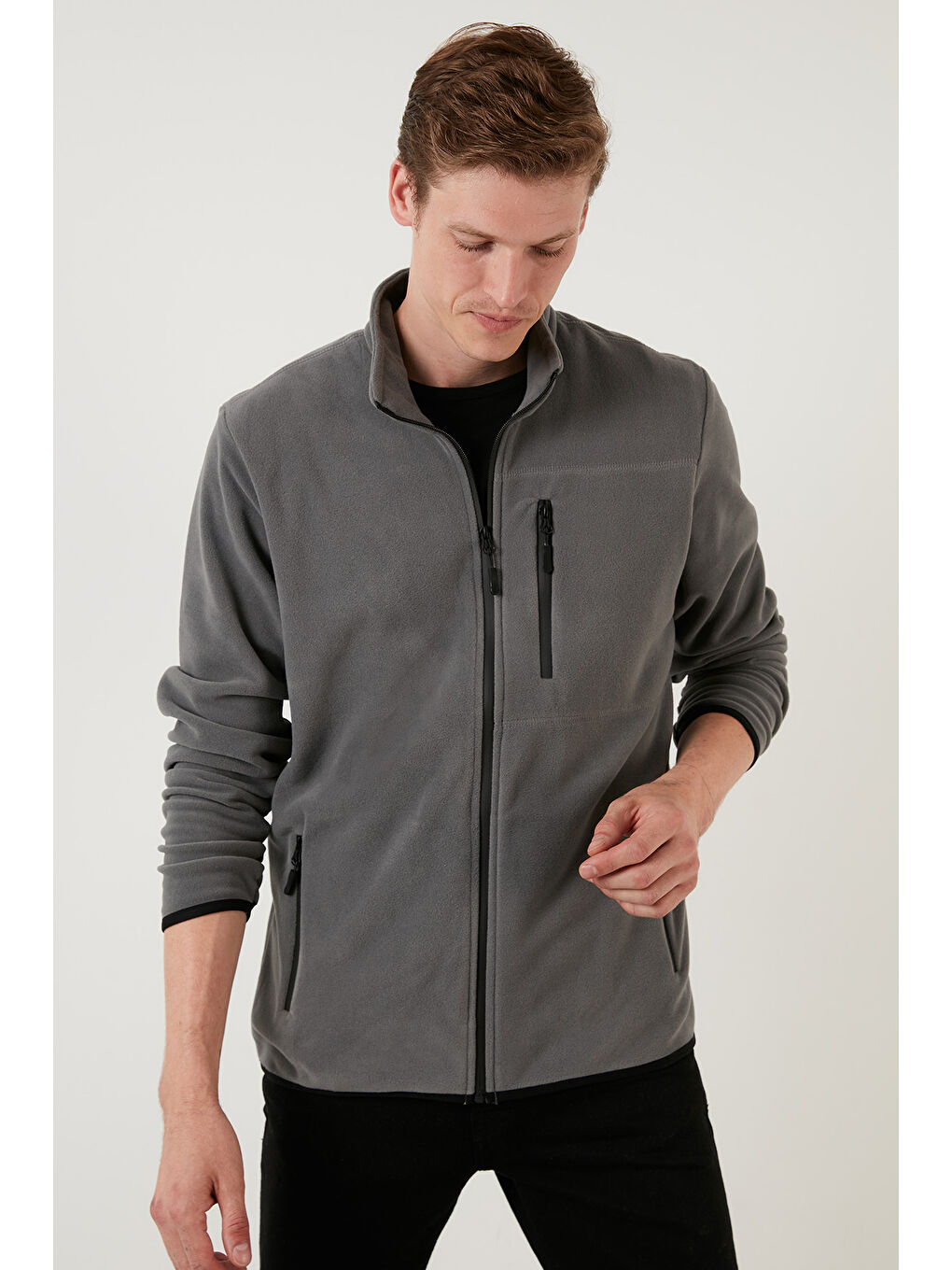 Gri Slim Fit Cepli Fermuarlı Anti-Pilling Tüylenme Yapmayan Soğuk Geçirmez Polar Hırka 5906028S1