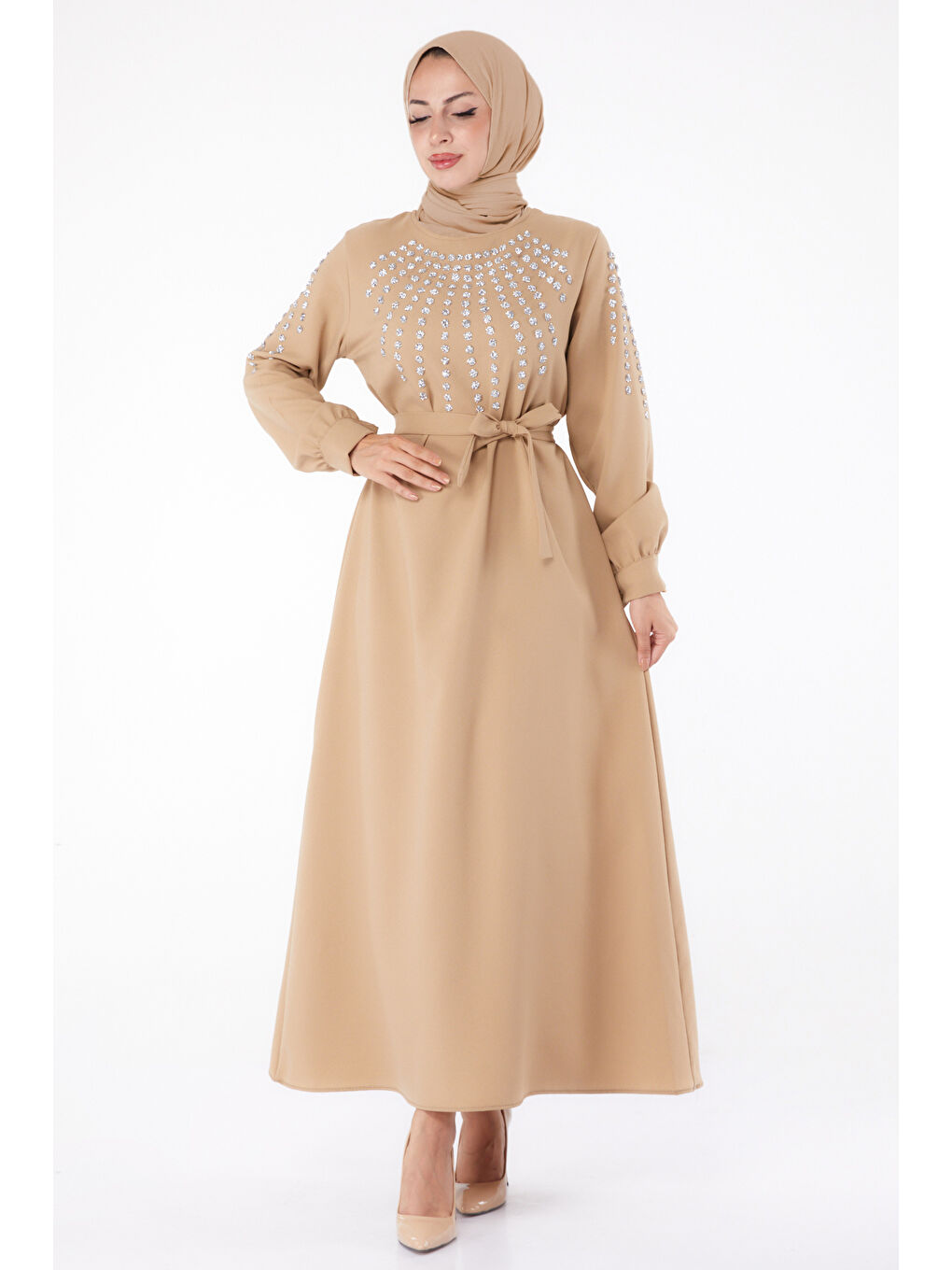 Taş Detaylı Elbise Bej - 26282