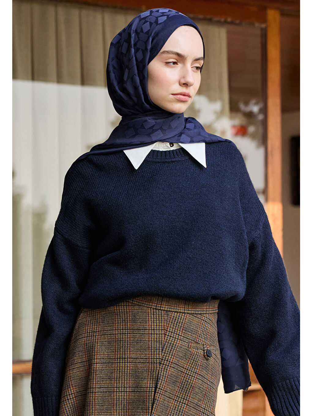 Lacivert OSLO PAMUK FLOŞ JAKARLI ŞAL KOYU LACIVERT-4