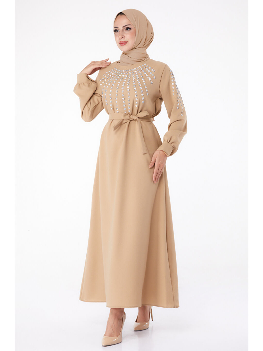 Taş Detaylı Elbise Bej - 26282-1