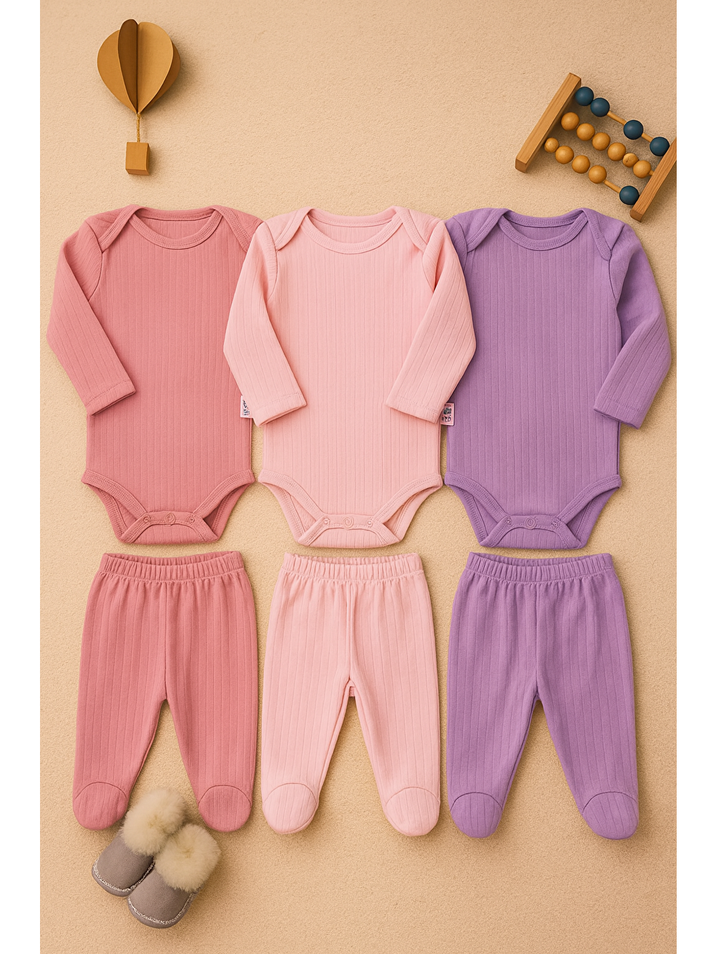 Pembe Kız Bebek Organik Pamuklu Zıbın Body ve Patikli Alt 6 Parça 3’lü Set Bebek Takımı 0-9 Ay