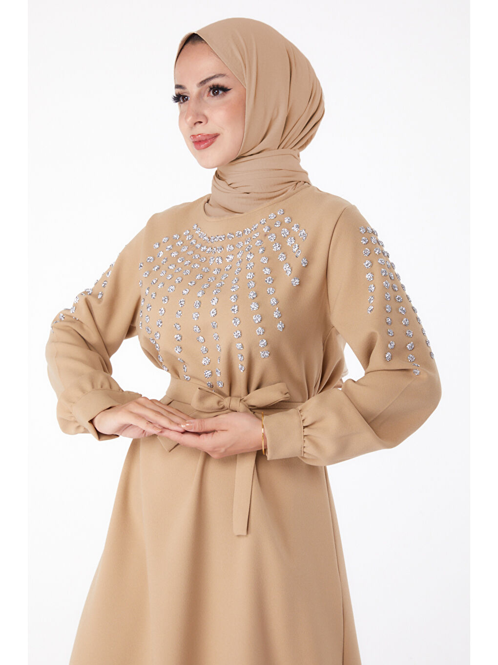 Taş Detaylı Elbise Bej - 26282-2