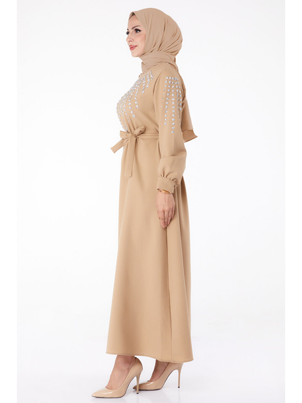 Taş Detaylı Elbise Bej - 26282-3