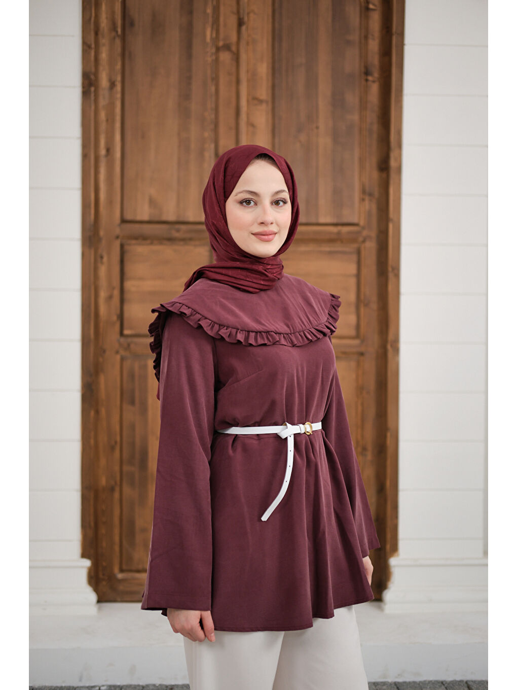 Kadın Fırfır Detay Dikiş Pensli Tunik Mürdüm-1