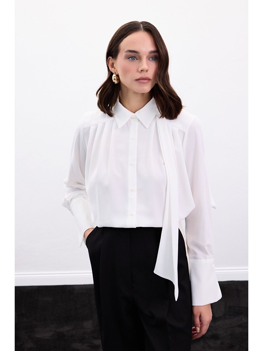 Fularlı Gömlek - Ekru-1