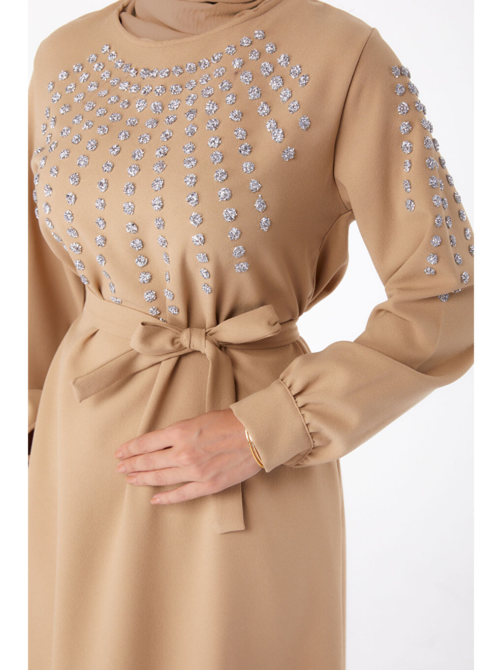Taş Detaylı Elbise Bej - 26282-5