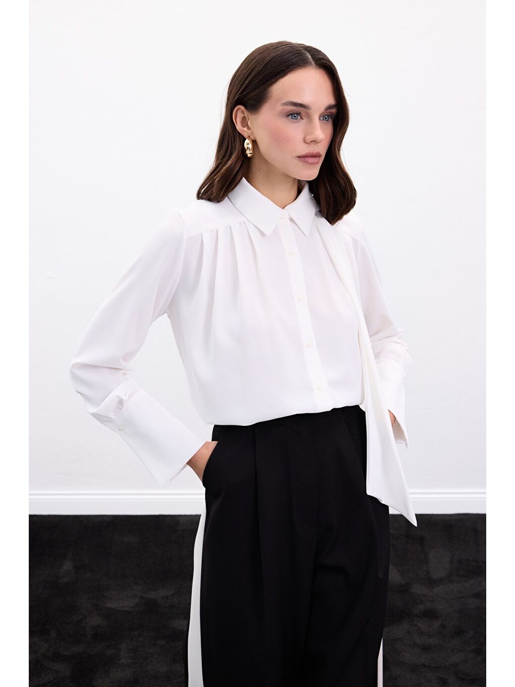 Fularlı Gömlek - Ekru-2