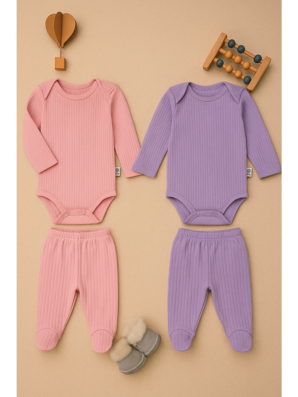 Pembe Kız Bebek Organik Pamuklu Zıbın Body ve Patikli Alt 6 Parça 3’lü Set Bebek Takımı 0-9 Ay-1