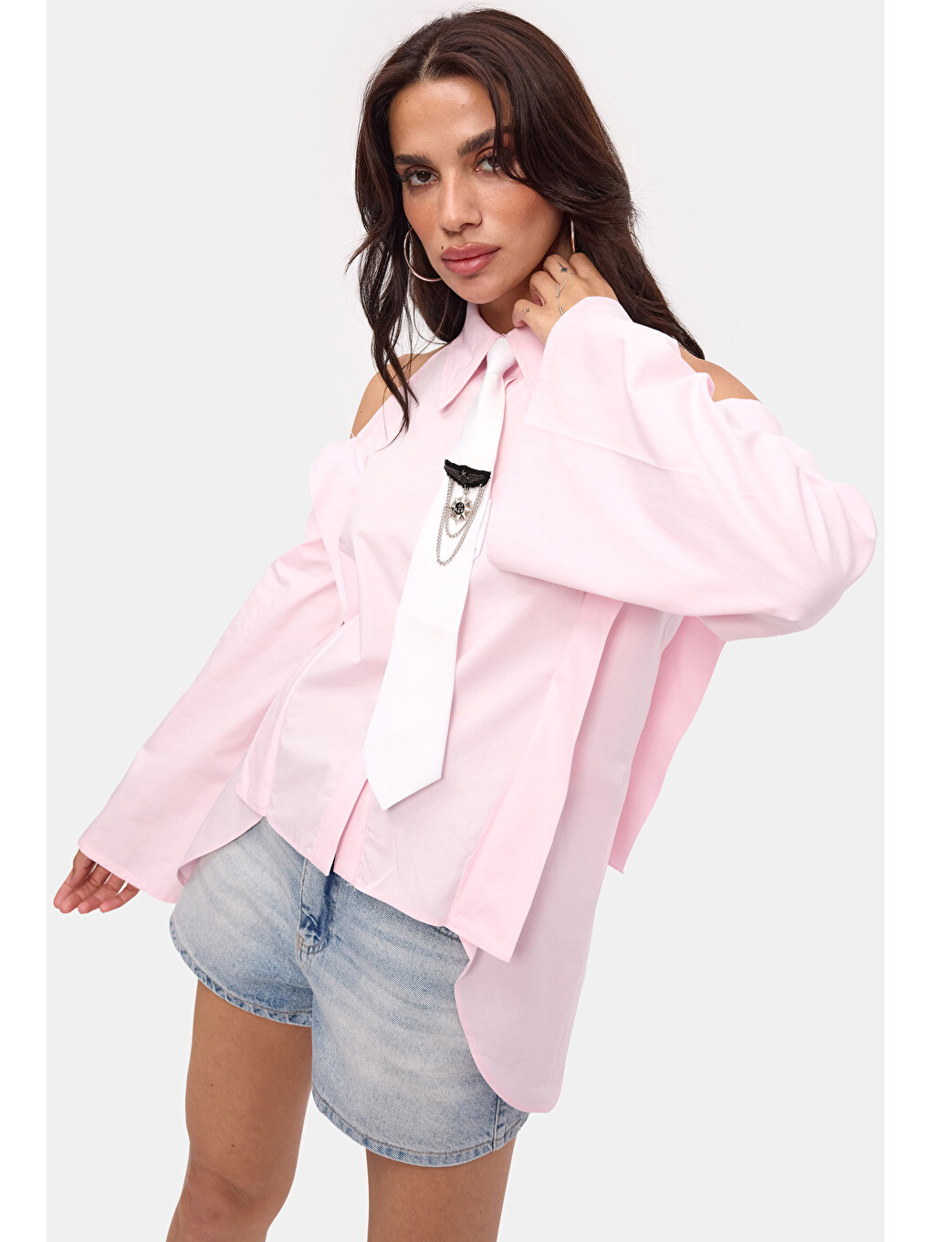 Kadın Pembe Oversize Kravatlı Özel Tasarım Gömlek