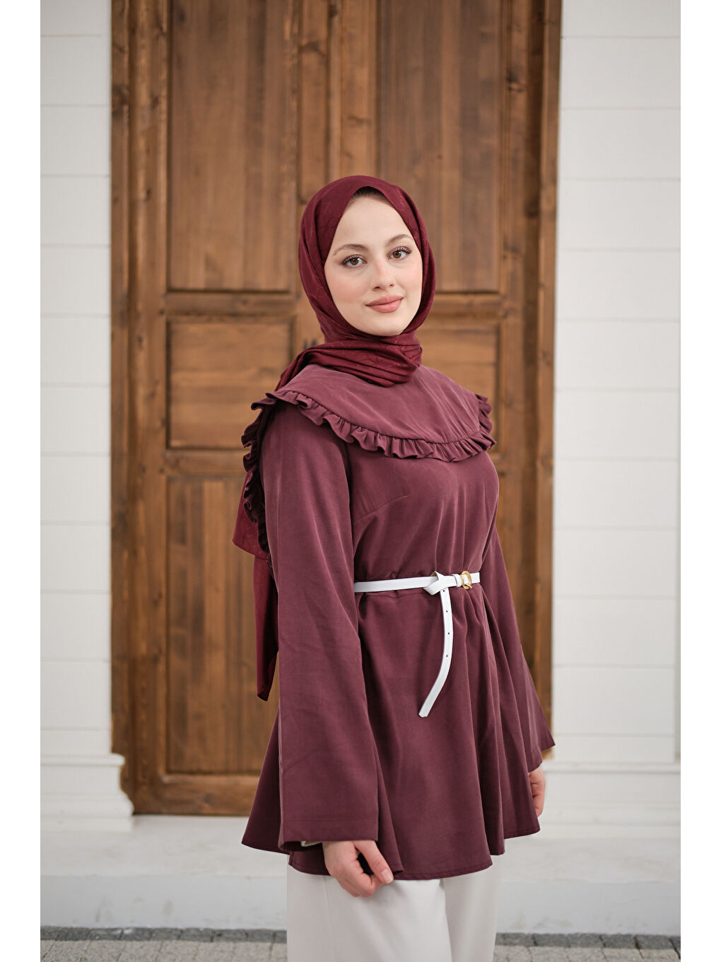 Kadın Fırfır Detay Dikiş Pensli Tunik Mürdüm-2