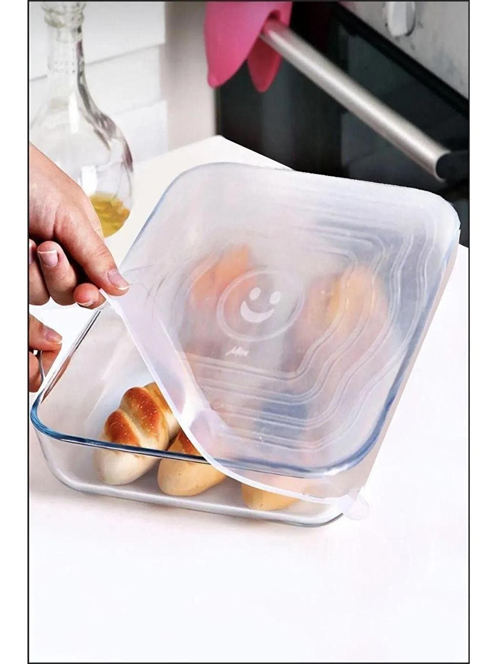 Renksiz Silikon Dikdörtgen-Yuvarlak-Kare Cam Saklama Kabı Kapakları ve 6'lı Esnek Silikon Kapak-4