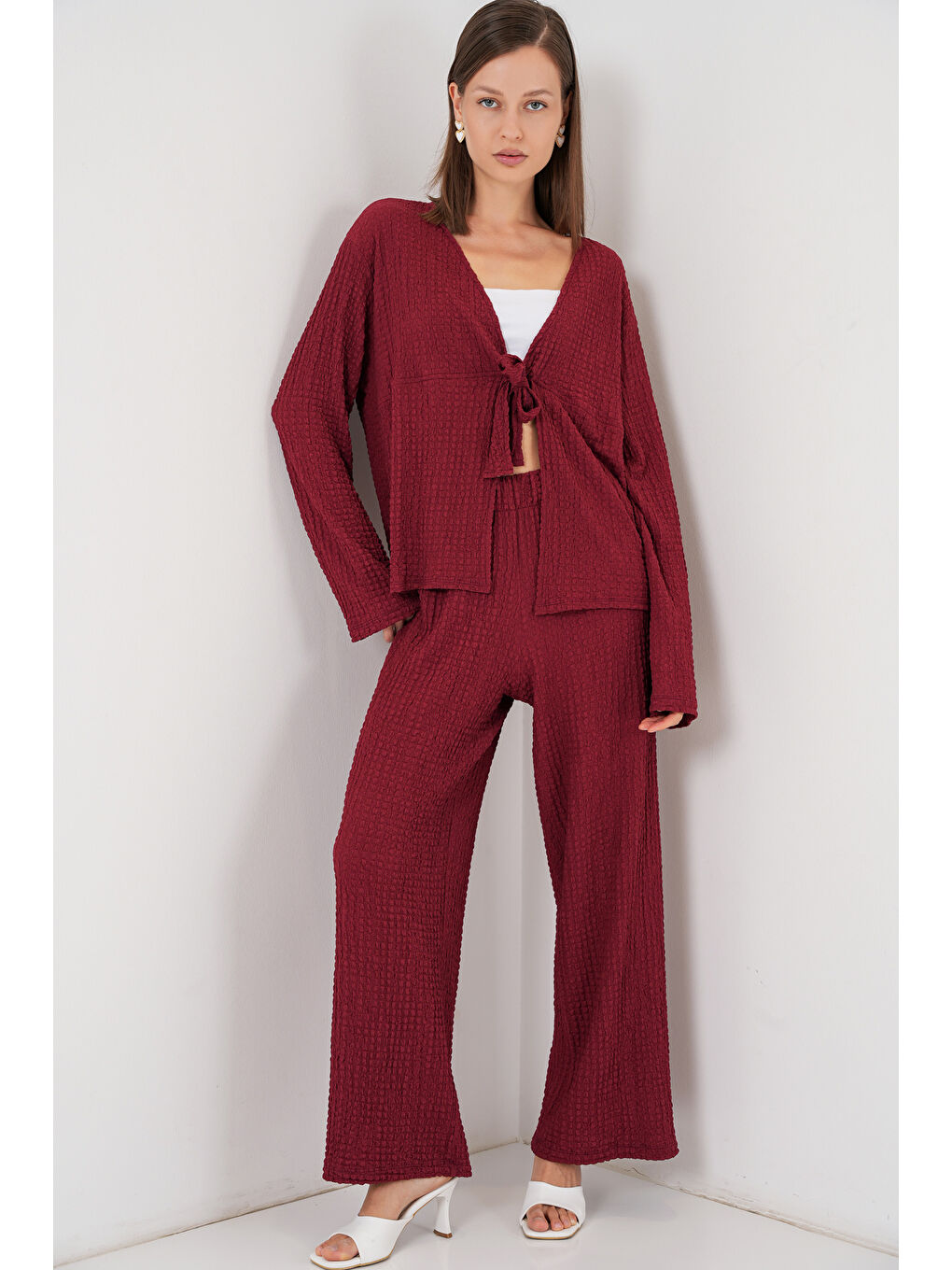 Kadın Örme Bluz Pantolon İkili Takım 30052 - Bordo-2