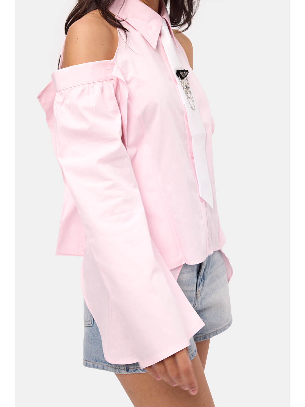Kadın Pembe Oversize Kravatlı Özel Tasarım Gömlek-3