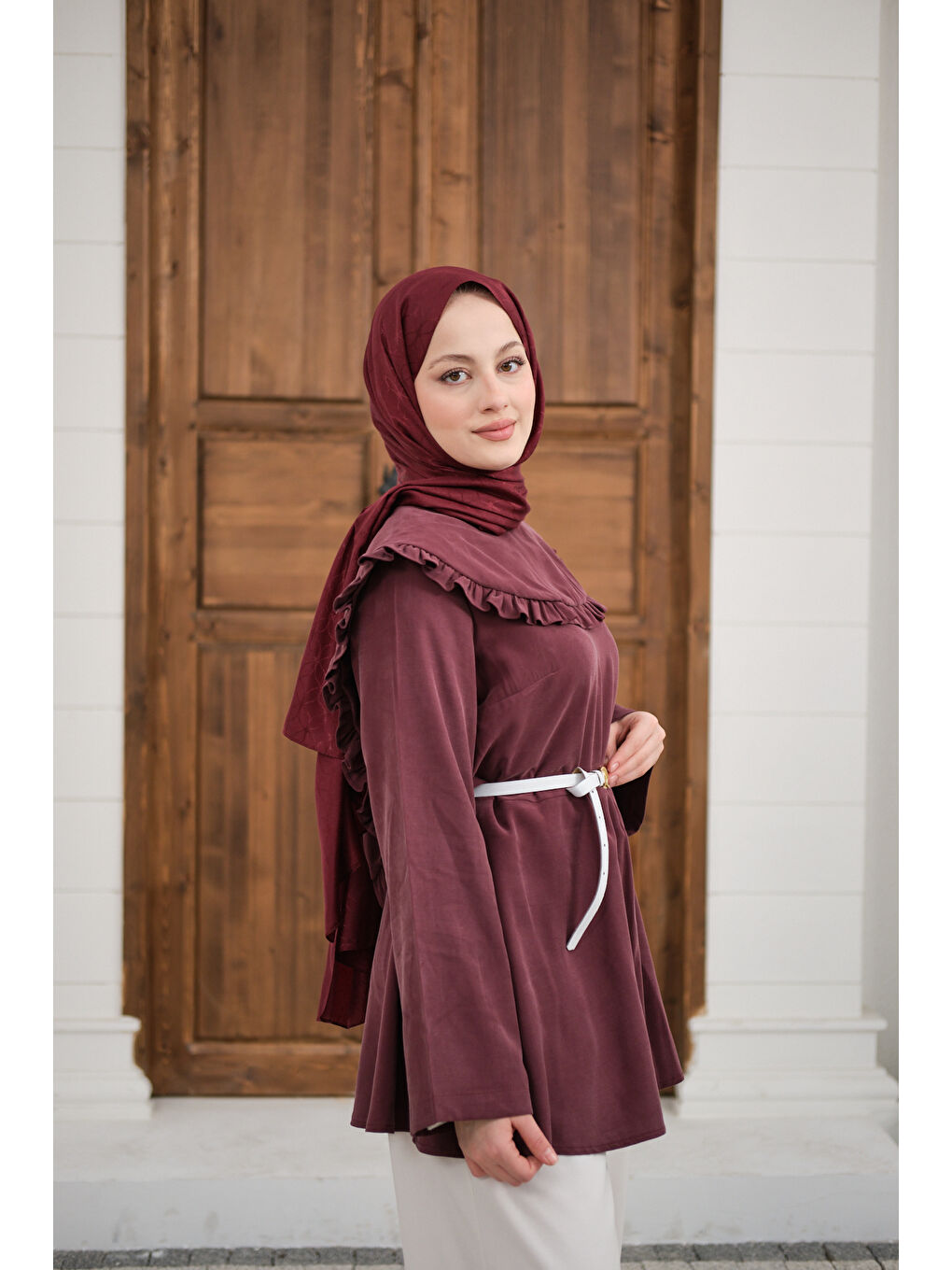 Kadın Fırfır Detay Dikiş Pensli Tunik Mürdüm-3