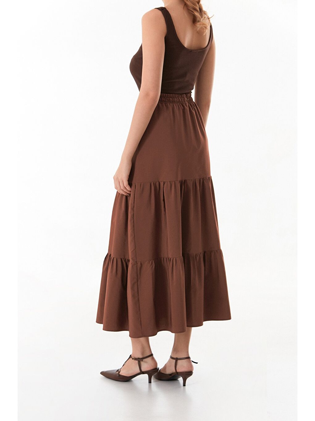 Kahverengi Terikoton Kumaş Fırfırlı Etek-3