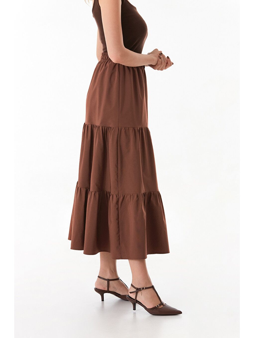 Kahverengi Terikoton Kumaş Fırfırlı Etek-4