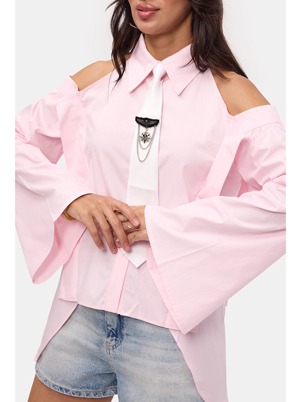 Kadın Pembe Oversize Kravatlı Özel Tasarım Gömlek-4