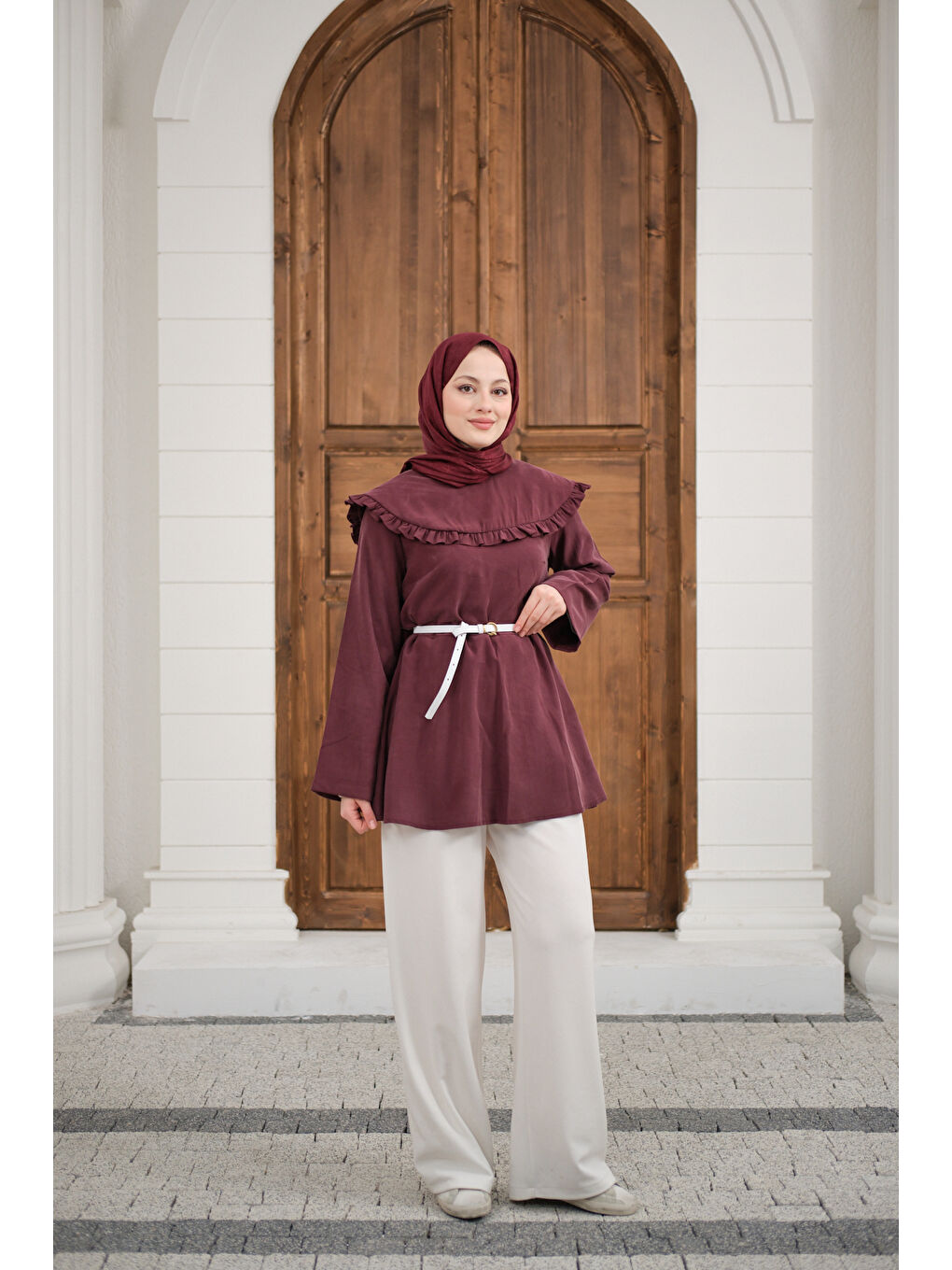 Kadın Fırfır Detay Dikiş Pensli Tunik Mürdüm-4