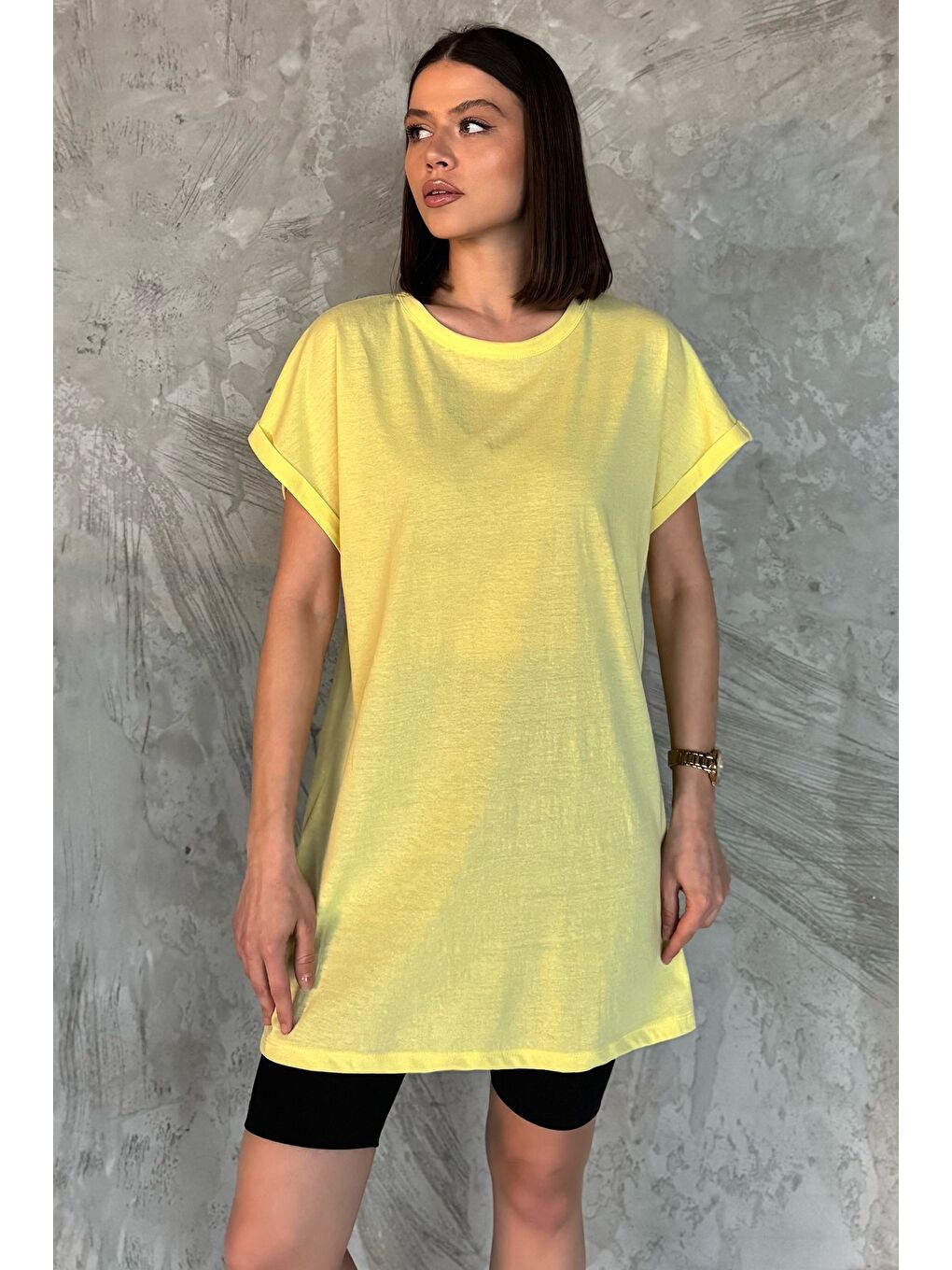 Sarı Kol Katlamalı Bisiklet Yaka Kadın Uzun Tişört (m-l-xl Uyumludur)