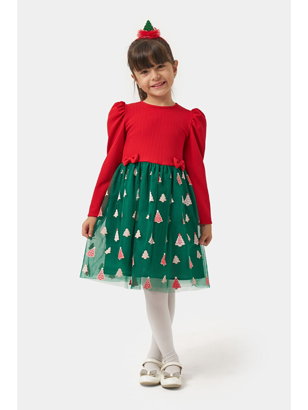Yeşil Eteği Çam Ağaçlı Kız Çocuk Elbise - Nomi