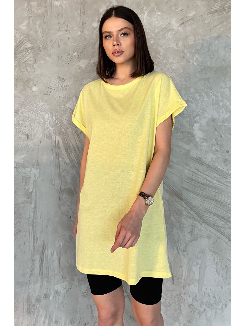 Sarı Kol Katlamalı Bisiklet Yaka Kadın Uzun Tişört (m-l-xl Uyumludur)-1