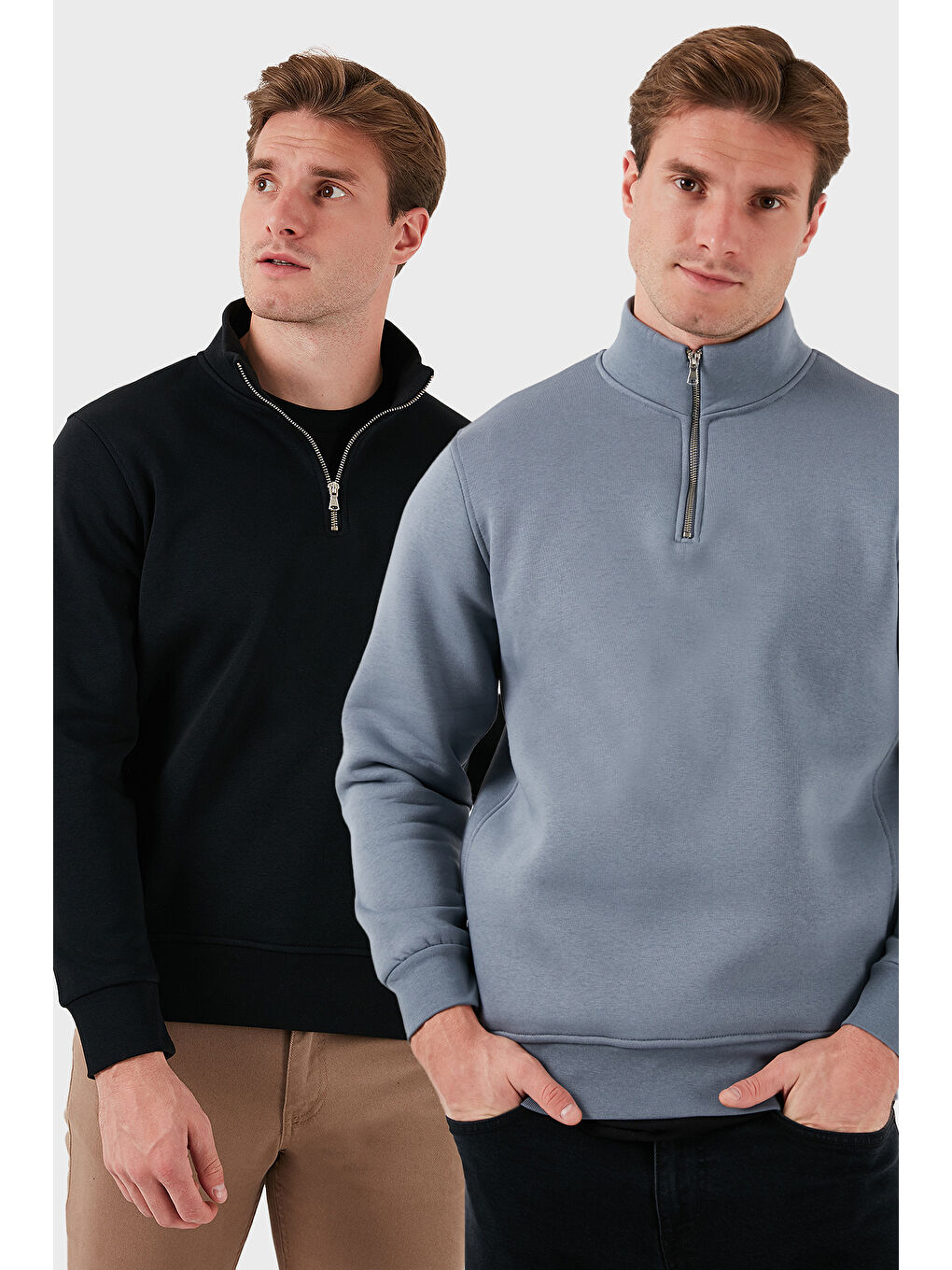 Gri Pamuklu Regular Fit Dik Yaka 2'li Paket Sweat 59052592S2