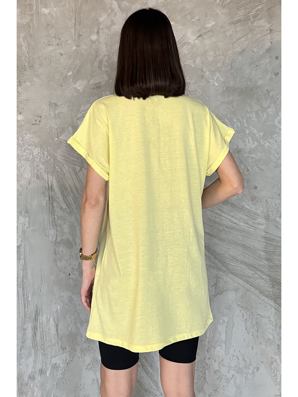 Sarı Kol Katlamalı Bisiklet Yaka Kadın Uzun Tişört (m-l-xl Uyumludur)-2