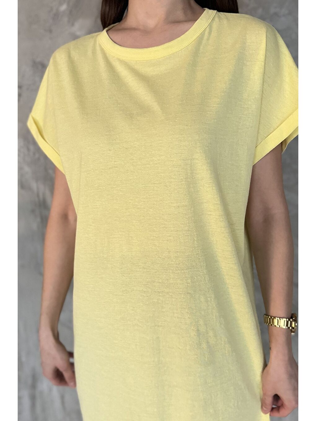 Sarı Kol Katlamalı Bisiklet Yaka Kadın Uzun Tişört (m-l-xl Uyumludur)-3