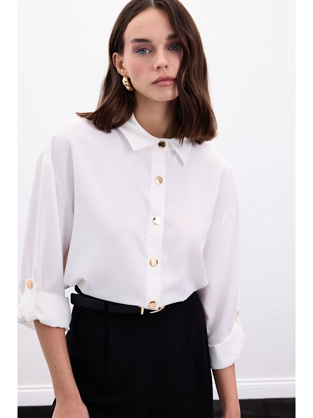 Çıtçıt Detaylı Gömlek - Ekru-1