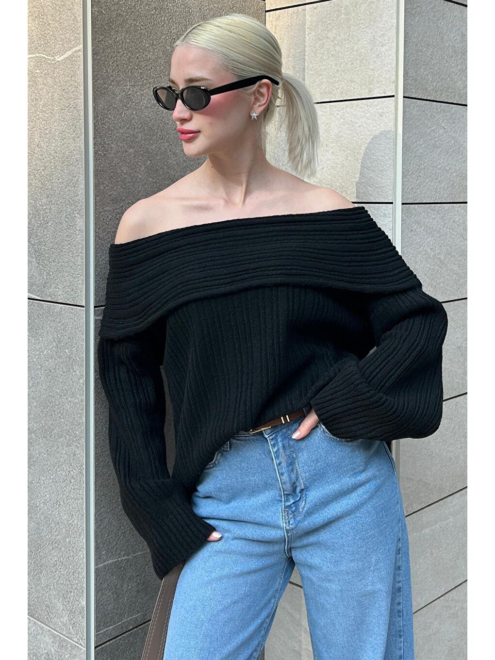 Siyah Madonna Yaka Kadın Kazak Mg2274-3