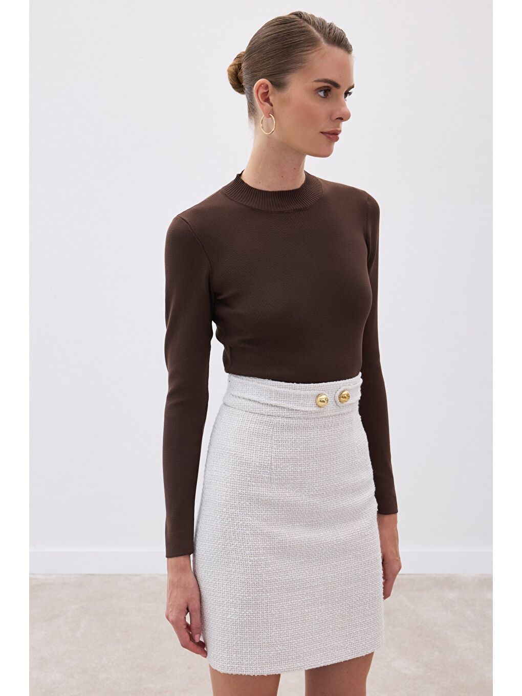 Kahverengi Yarım Balıkçı Triko Bluz - Kahve