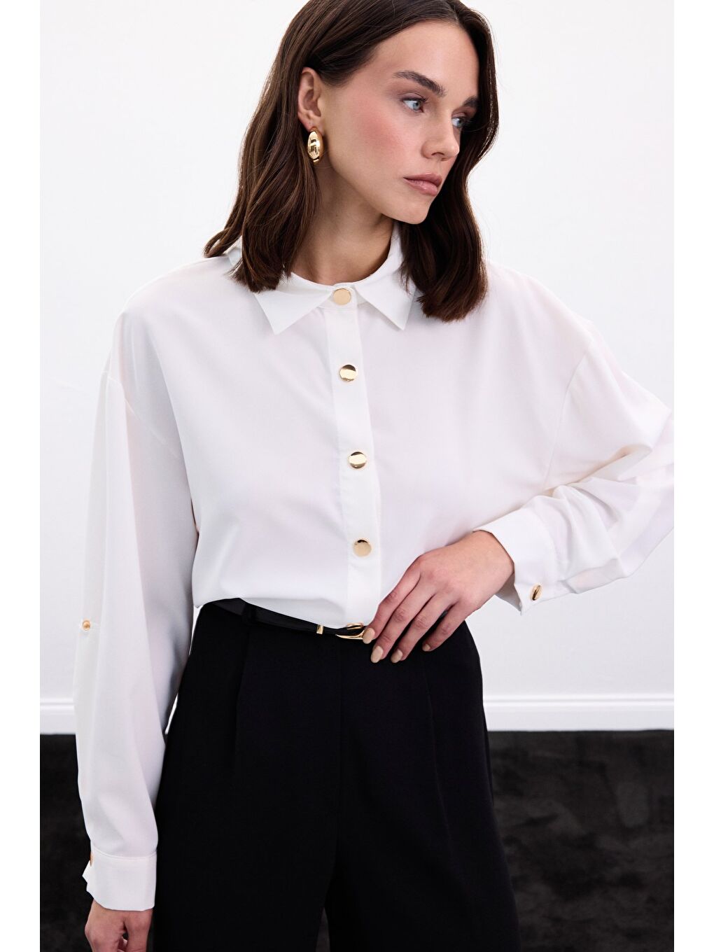 Çıtçıt Detaylı Gömlek - Ekru-2