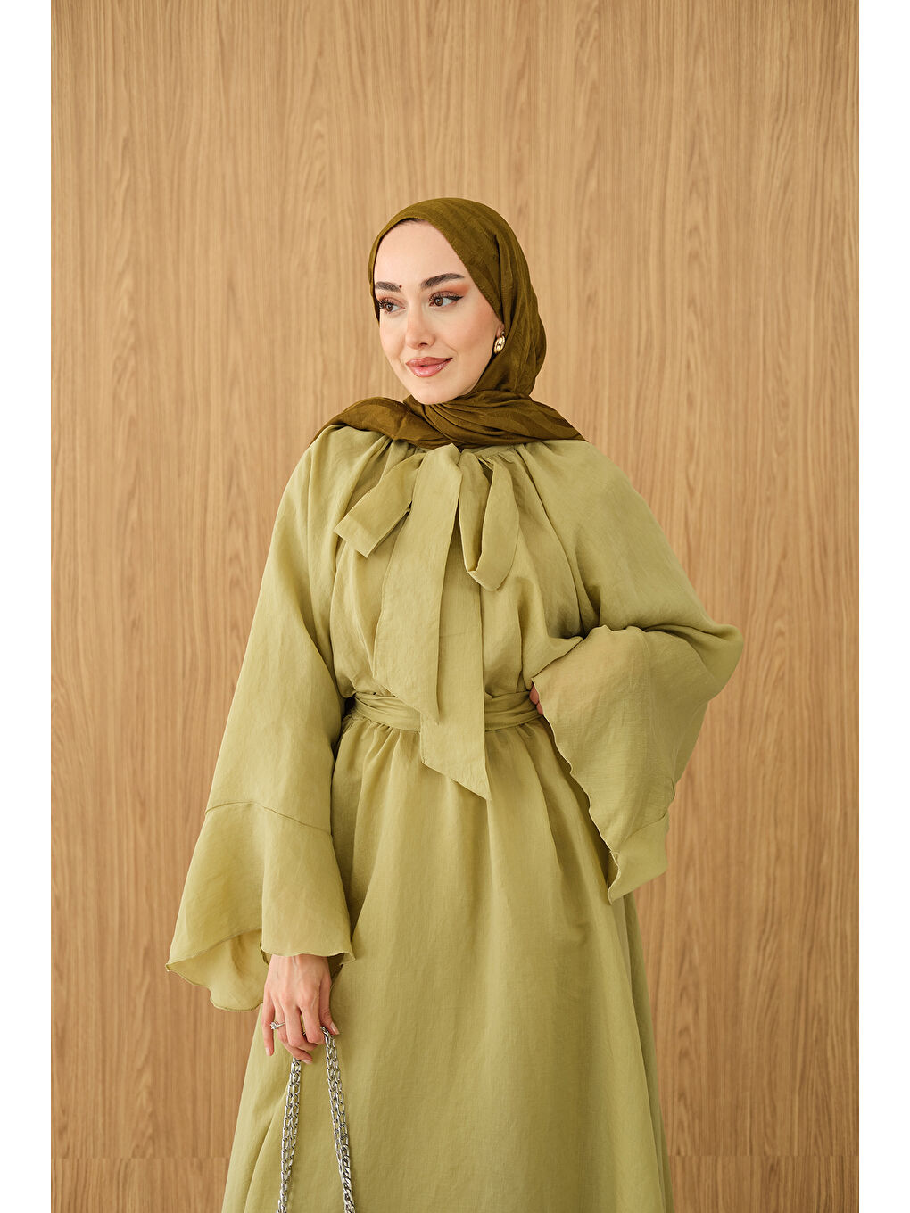 Kadın Tül Kumaş Boyun Bağlamalı Detaylı Bel Bağlamalı Elbise Yağ Yeşil-2