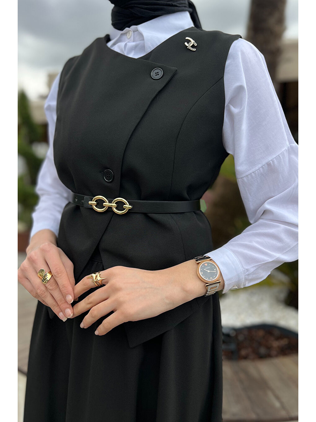 Siyah Kadın Kemer Aksesuarlı Broşlu Yelek Etek Tesettür İkili Takım-4