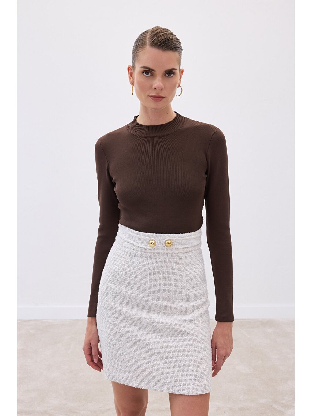 Kahverengi Yarım Balıkçı Triko Bluz - Kahve-2