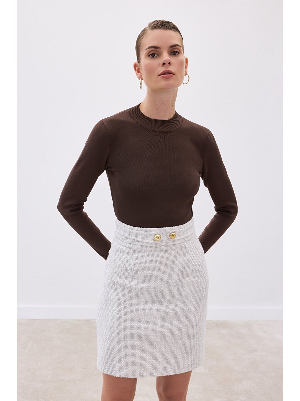 Kahverengi Yarım Balıkçı Triko Bluz - Kahve-3