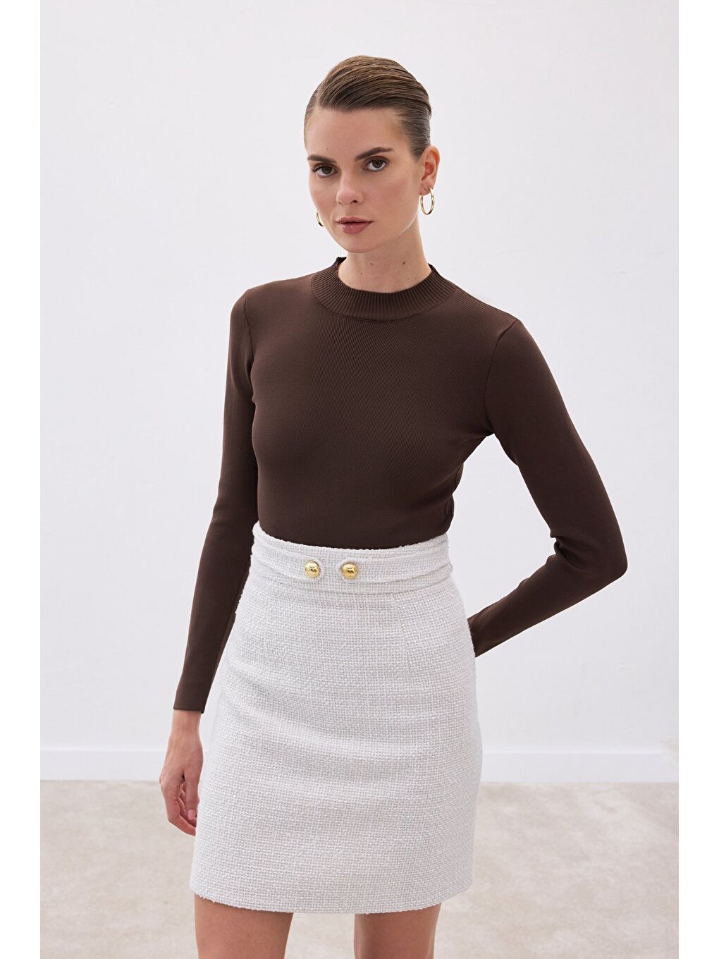 Kahverengi Yarım Balıkçı Triko Bluz - Kahve-4