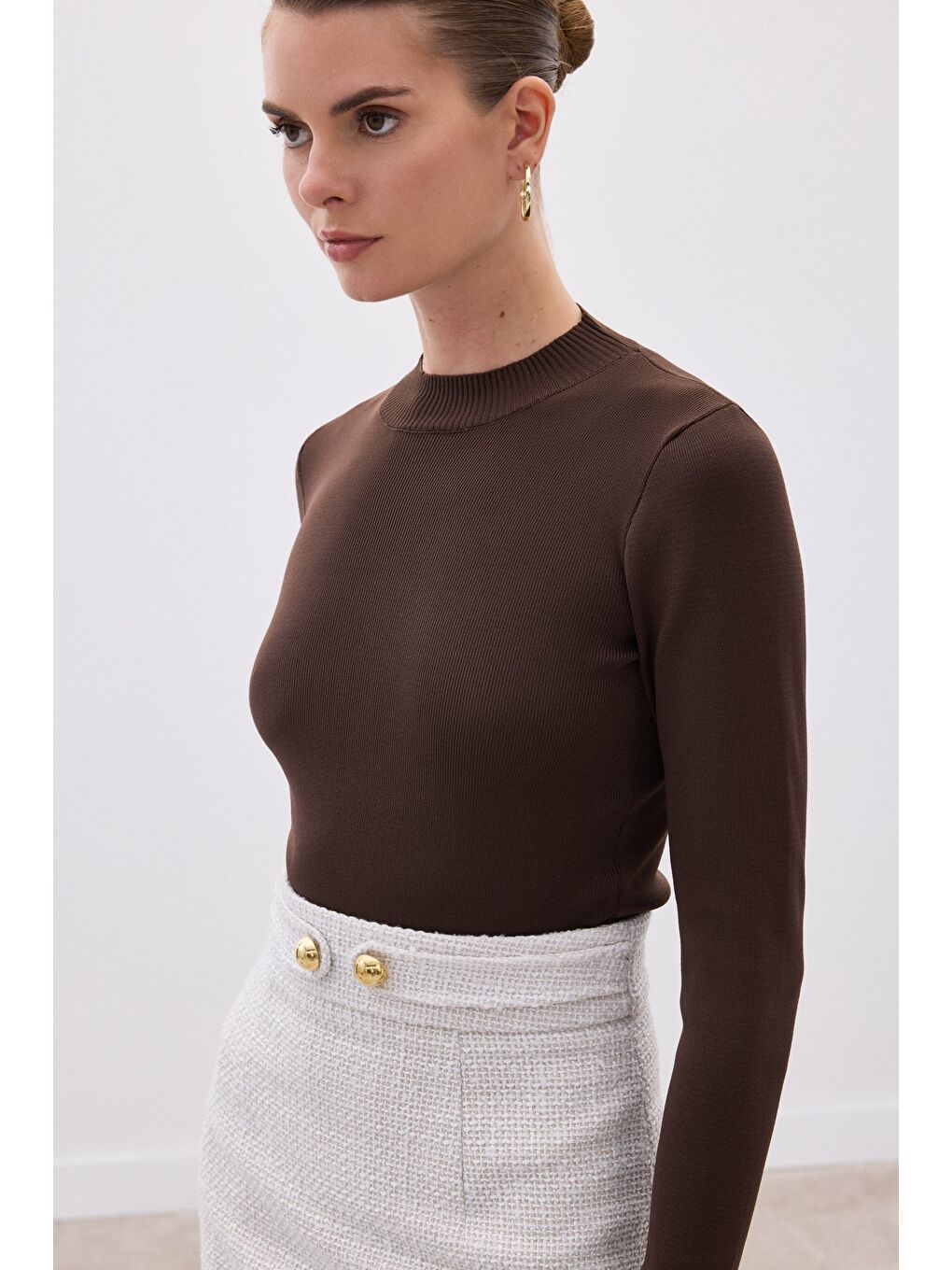 Kahverengi Yarım Balıkçı Triko Bluz - Kahve-5