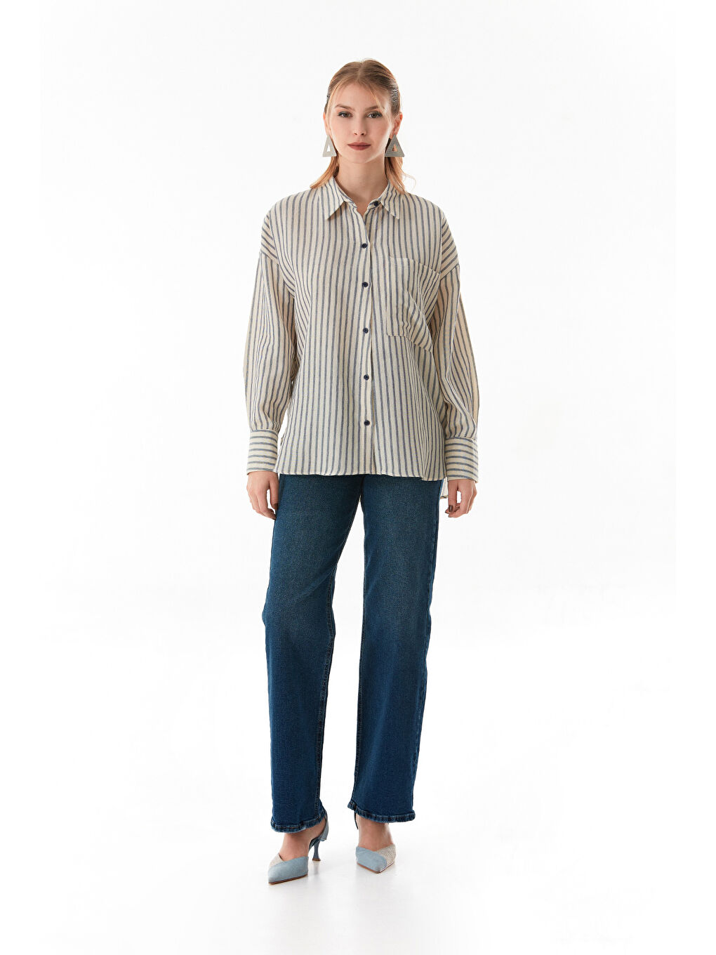 Mavi Çizgili Arkası Uzun Oversize Keten Gömlek-1