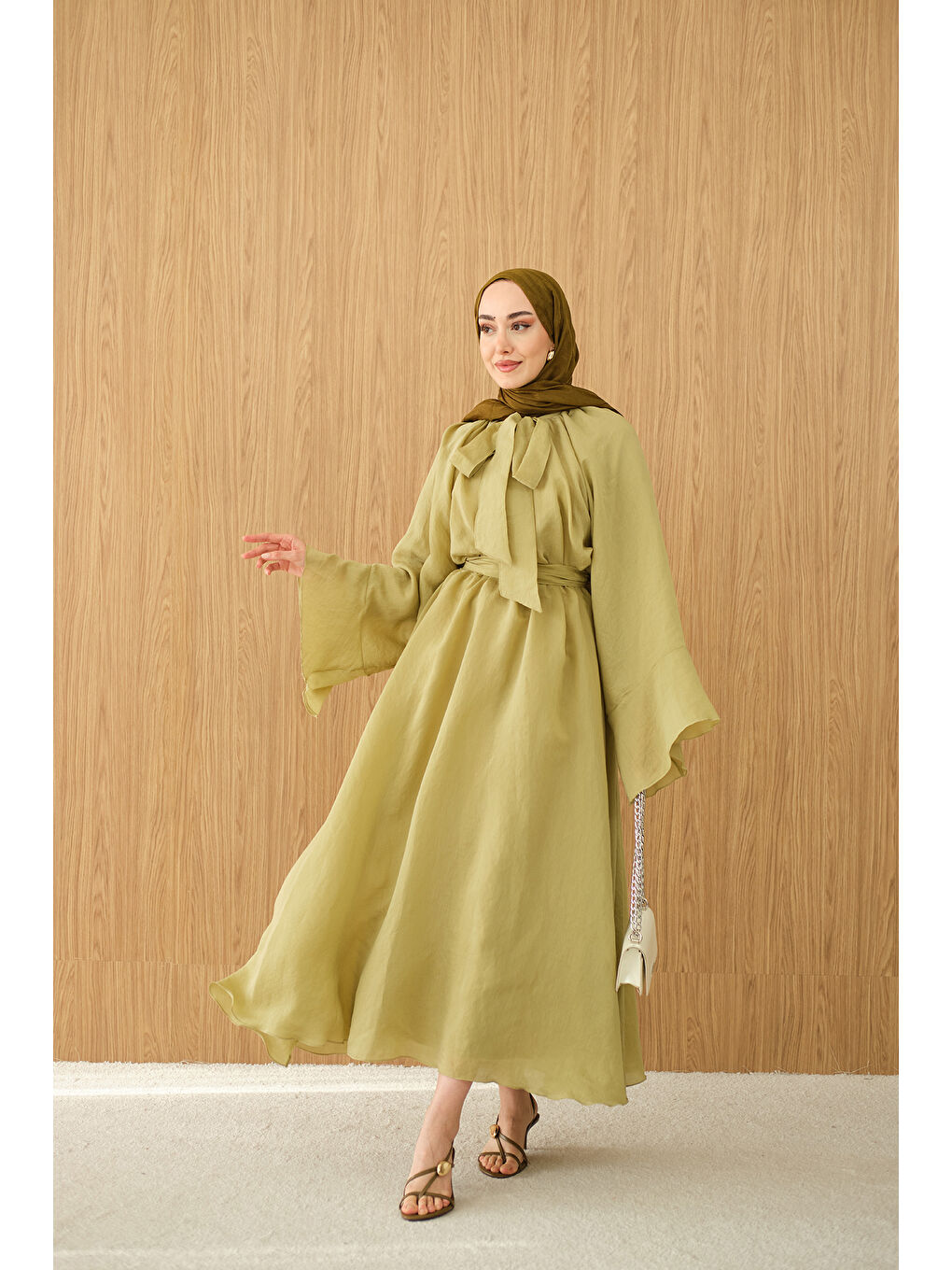Kadın Tül Kumaş Boyun Bağlamalı Detaylı Bel Bağlamalı Elbise Yağ Yeşil-3