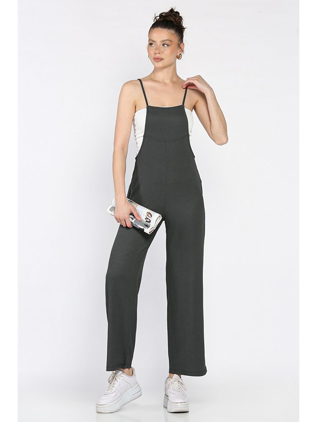 Gri Kadın Ayarlanabilir Askılı Bürümcük Tulum