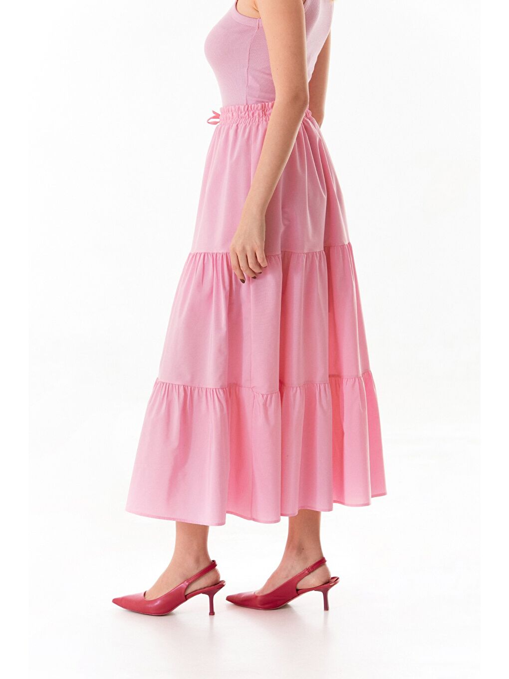 Pembe Terikoton Kumaş Fırfırlı Etek-2