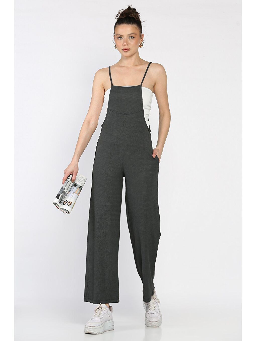 Gri Kadın Ayarlanabilir Askılı Bürümcük Tulum-1