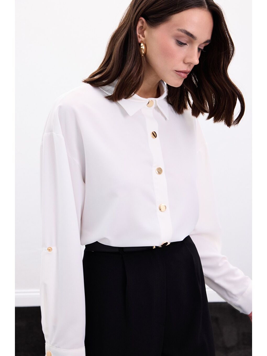 Çıtçıt Detaylı Gömlek - Ekru-6