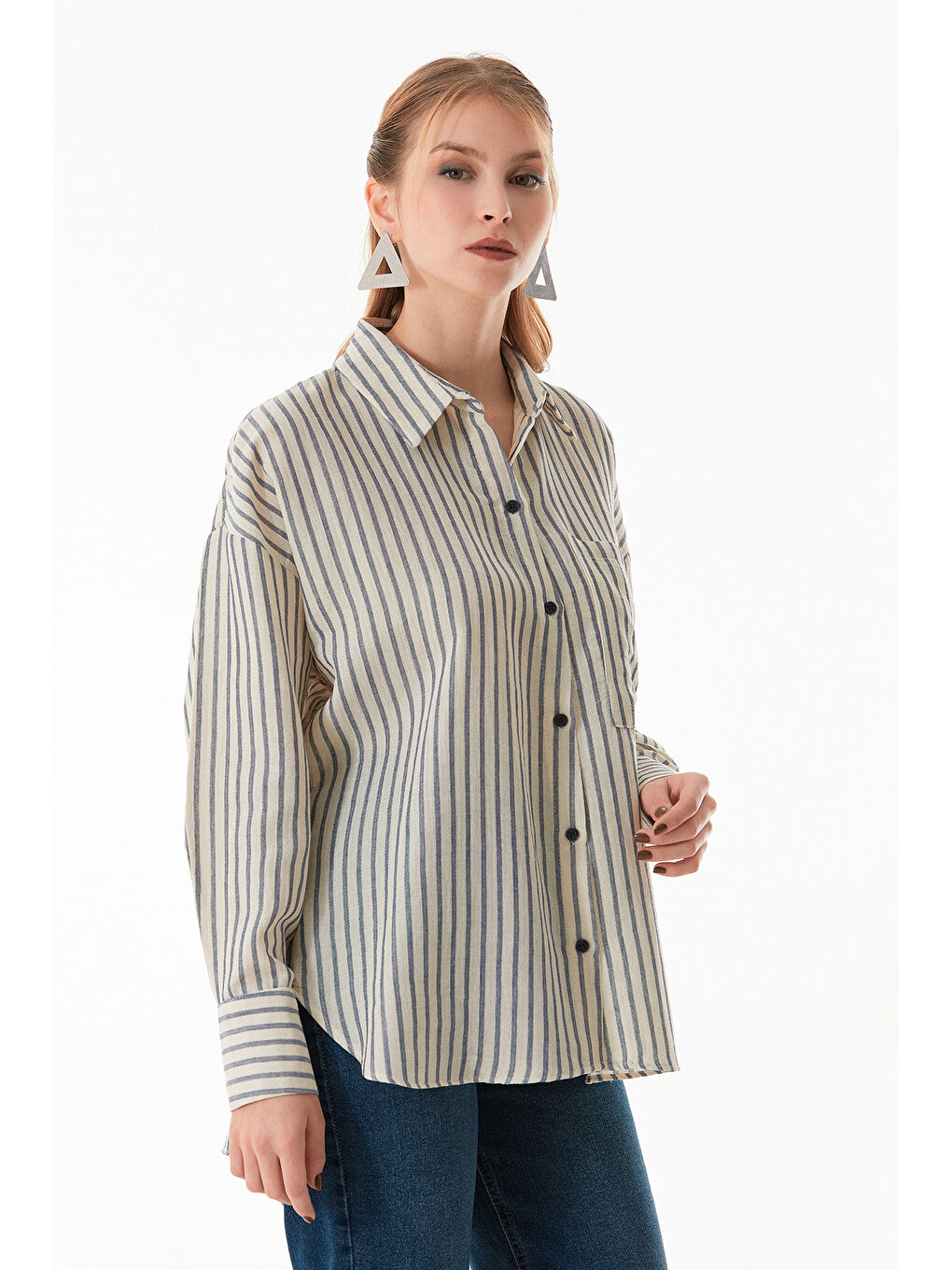 Mavi Çizgili Arkası Uzun Oversize Keten Gömlek-2