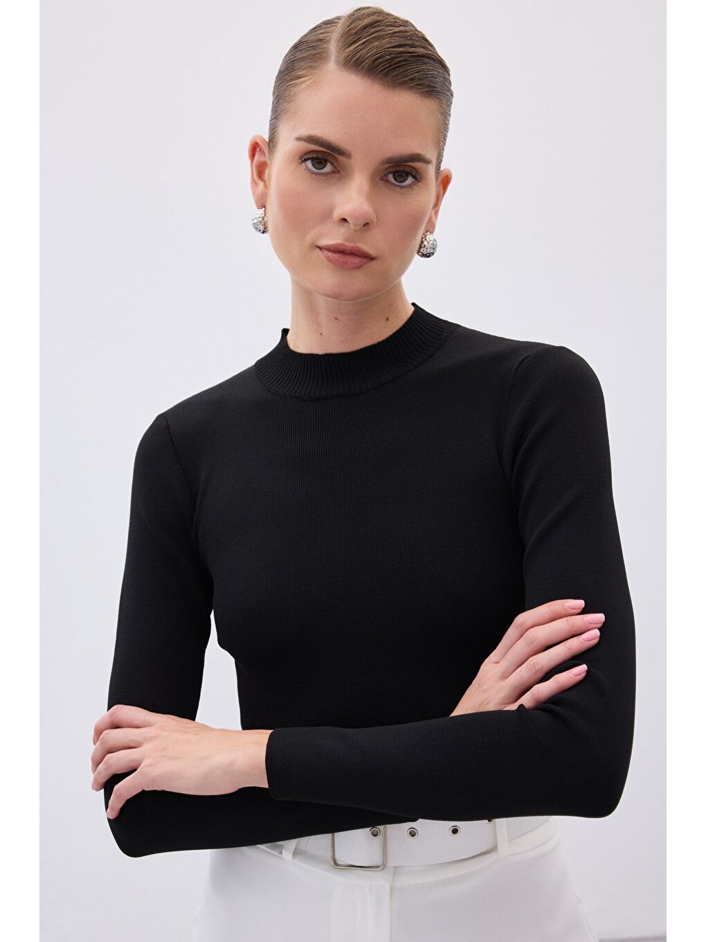 Yarım Balıkçı Triko Bluz - Siyah-4