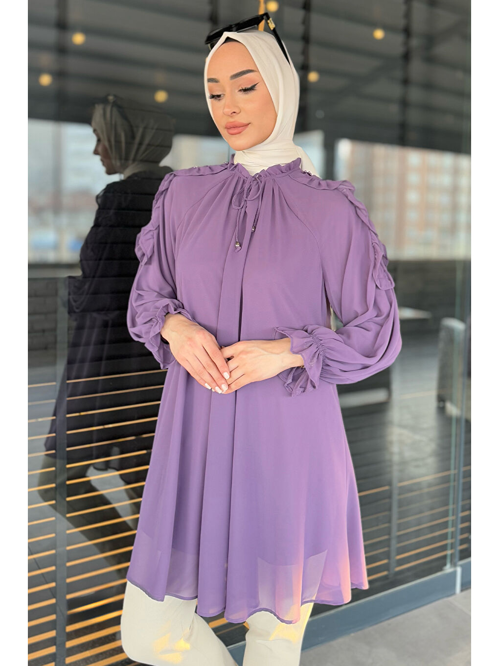 Mor Tesettür Güpürlü İncili Piliseli Şifon Tunik-1
