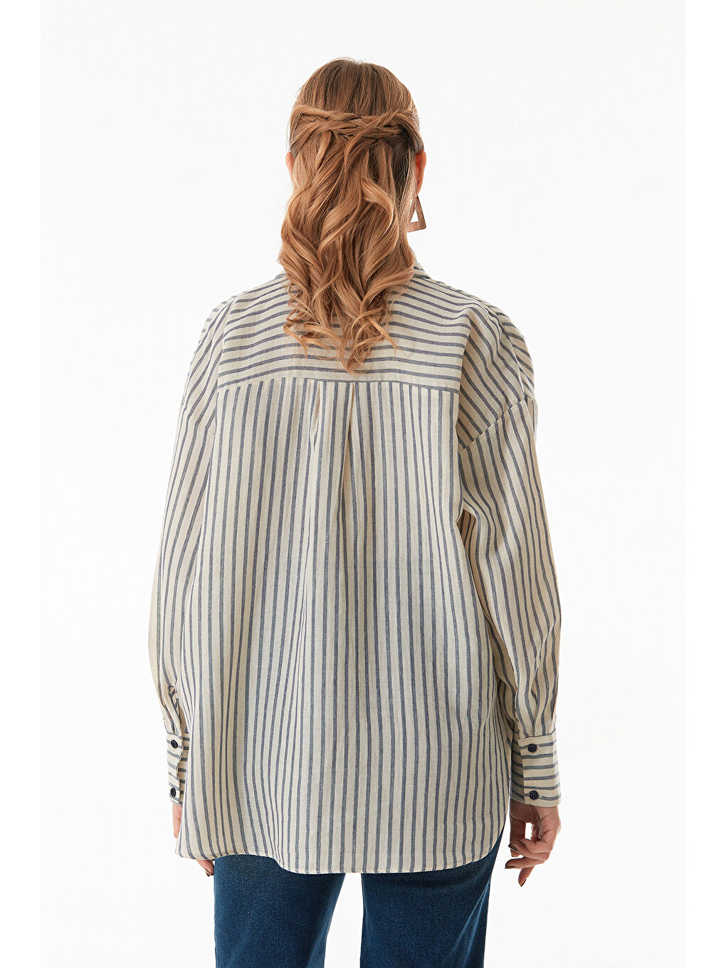 Mavi Çizgili Arkası Uzun Oversize Keten Gömlek-4